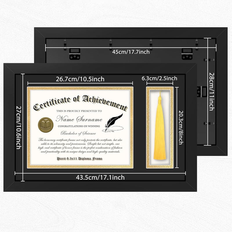 Picrit 11x17 Wood Diploma Frame with Tassel Holder for 8.5x11 Certificate/Degree Document with Tempered Glass, Black over Gold Mat - Image 4